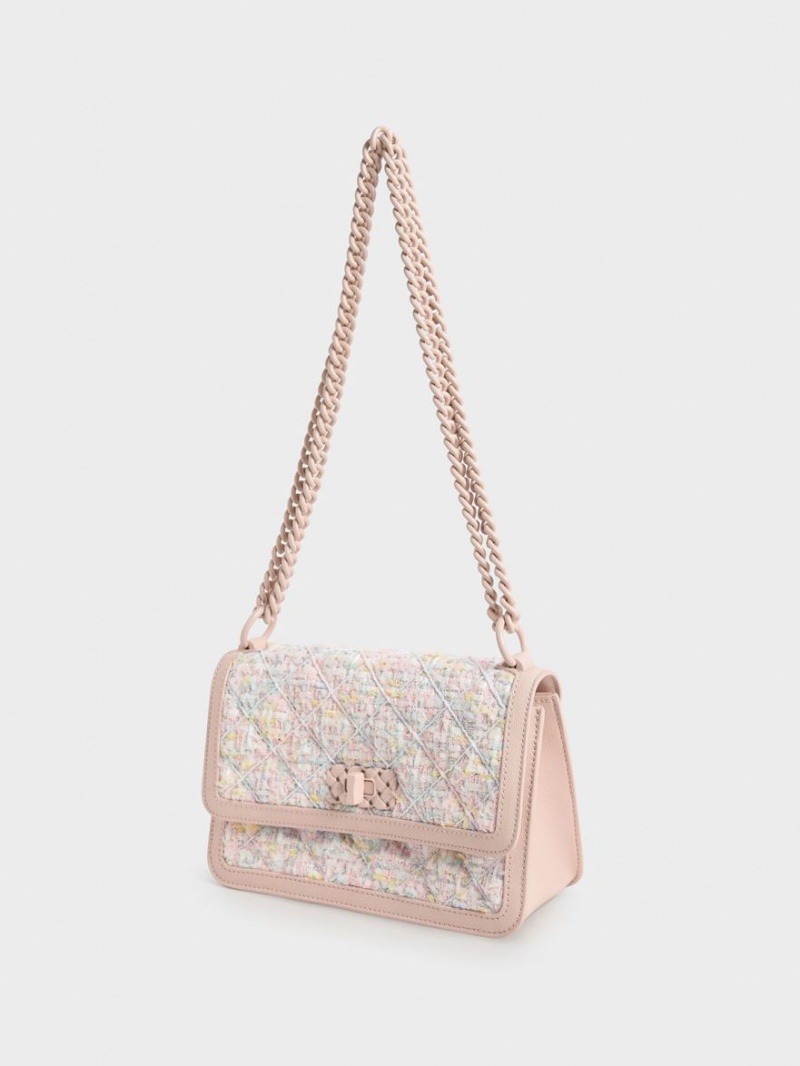 Charles & Keith Micaela Tweed Vattert Chain Crossbody Veske Lyse Rosa | DNCFI4210