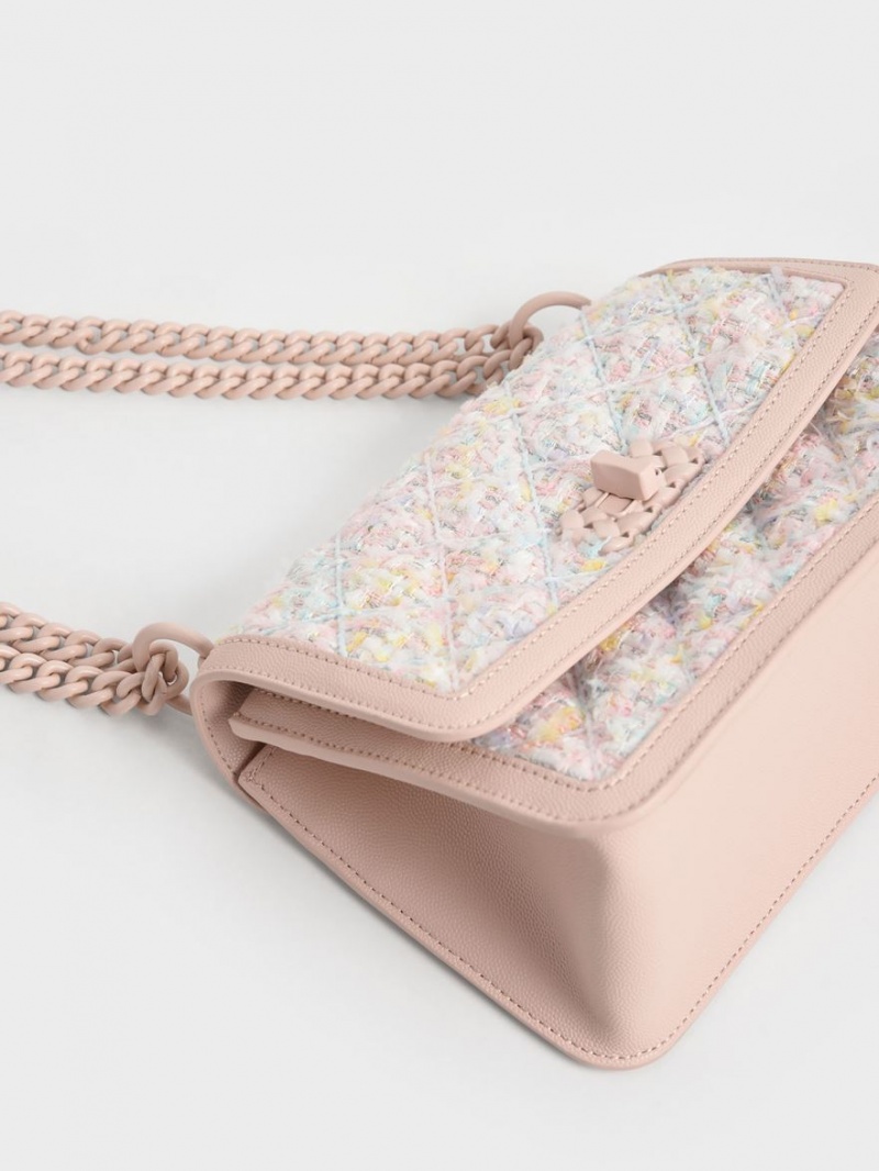 Charles & Keith Micaela Tweed Vattert Chain Crossbody Veske Lyse Rosa | DNCFI4210