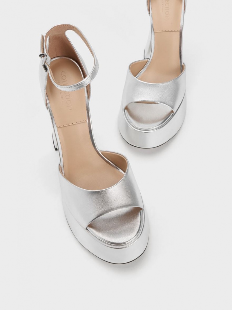 Charles & Keith Michelle Metallic Lær Platåsandaler Sølv | ANYQD1034