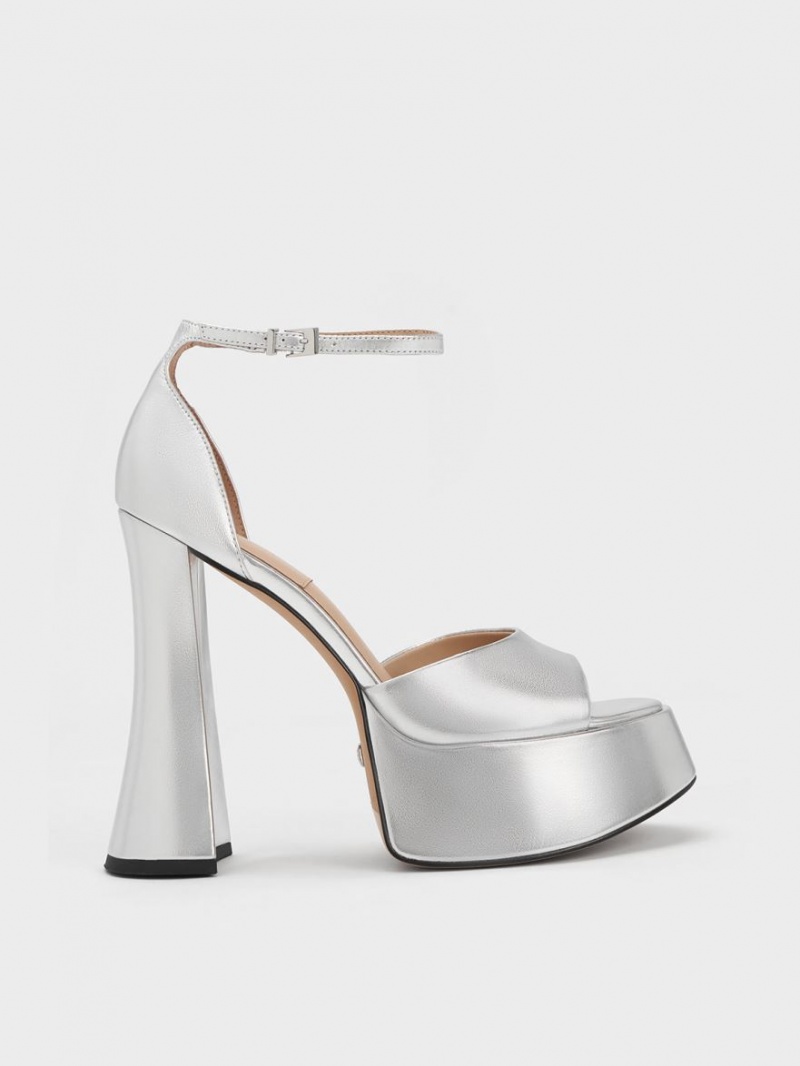 Charles & Keith Michelle Metallic Lær Platåsandaler Sølv | ANYQD1034