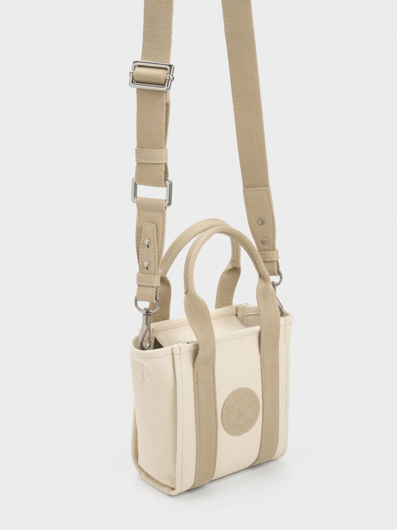 Charles & Keith Mini Kay Canvas Contrast-Trim Tote Veske Beige | YZDOC1574