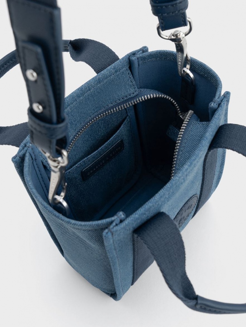 Charles & Keith Mini Kay Denim Contrast-Trim Tote Veske Blå | WYQOF2631