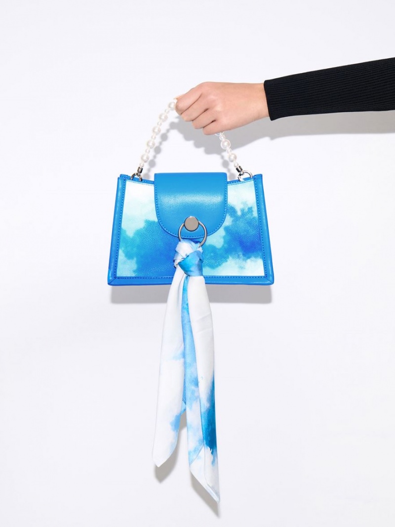 Charles & Keith Mini Roza Beaded Handle Scarf Cloud-Print Crossbody Veske Blå | GOAKC8305