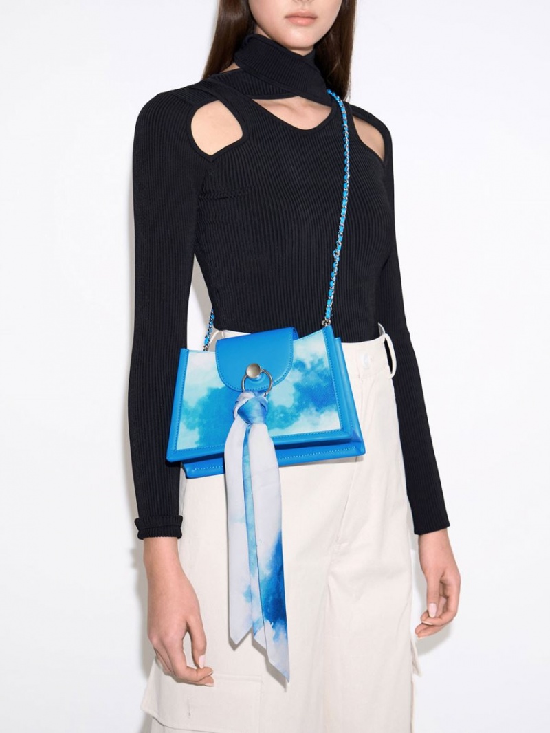 Charles & Keith Mini Roza Beaded Handle Scarf Cloud-Print Crossbody Veske Blå | GOAKC8305