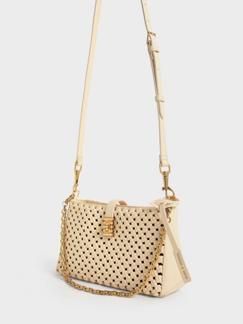 Charles & Keith Nova Woven Chain-Handle Skulderveske Beige | YOMCU0698