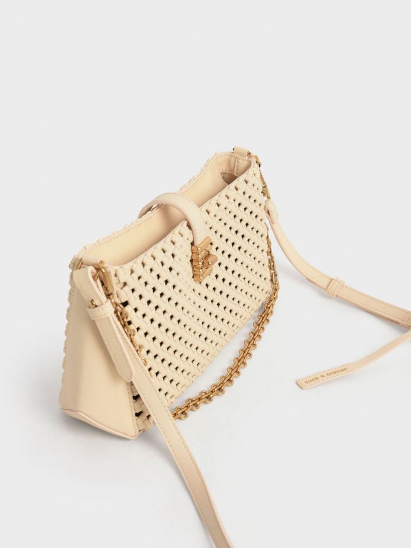 Charles & Keith Nova Woven Chain-Handle Skulderveske Beige | YOMCU0698