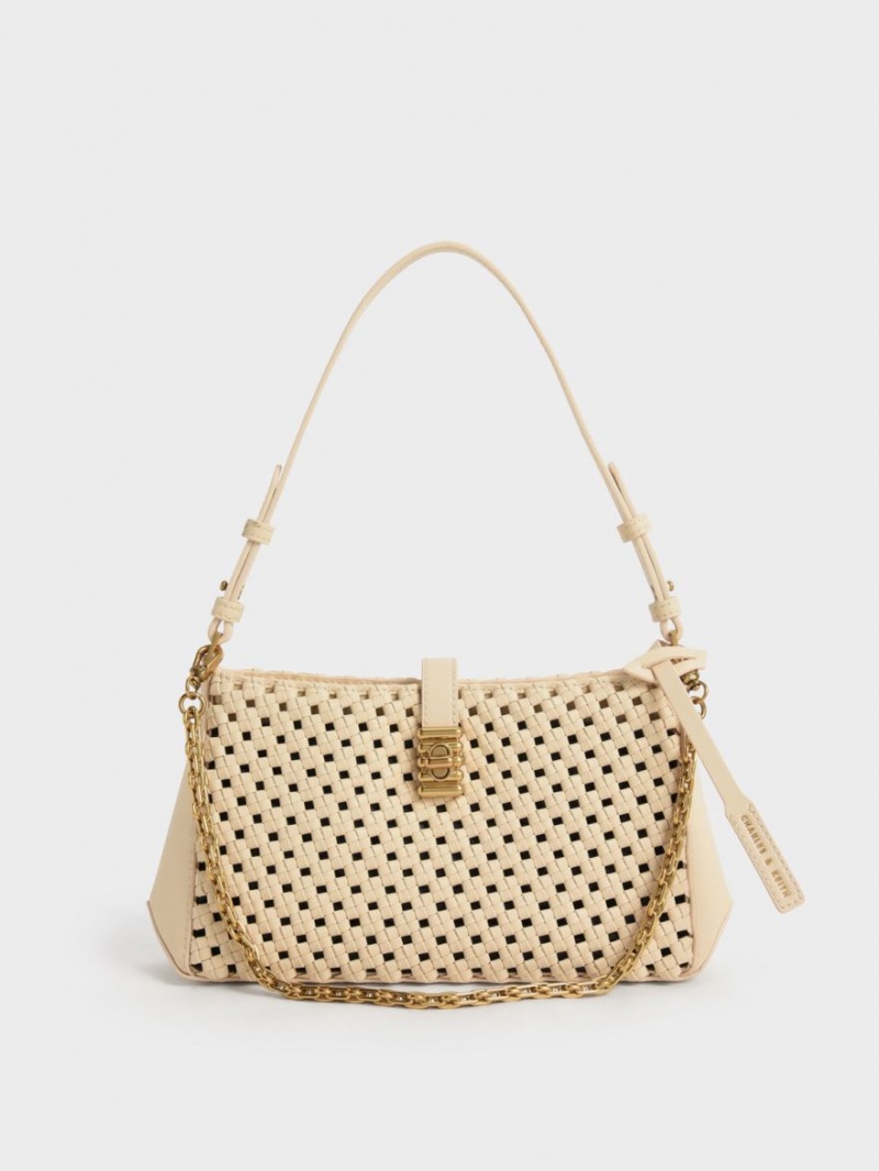 Charles & Keith Nova Woven Chain-Handle Skulderveske Beige | YOMCU0698