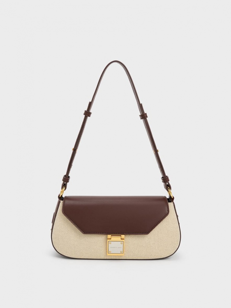 Charles & Keith Oona Canvas Curved Skulderveske Mørke Brune | MYBEJ6174