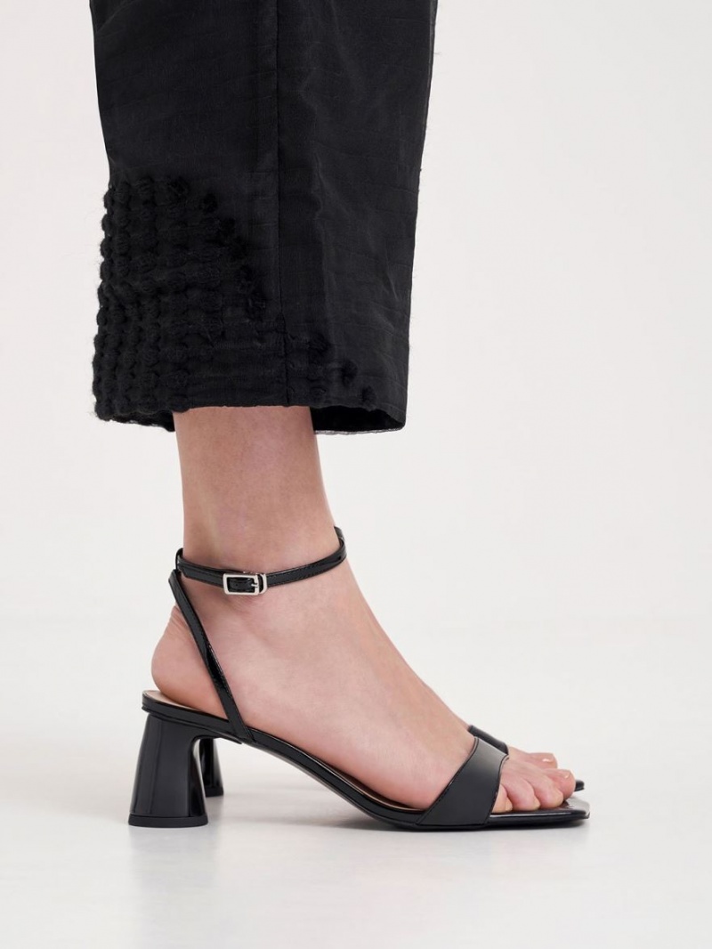 Charles & Keith Patent Ankle-Reima Cylindrical Sandaler med Hæl Svarte | UXGEC5176