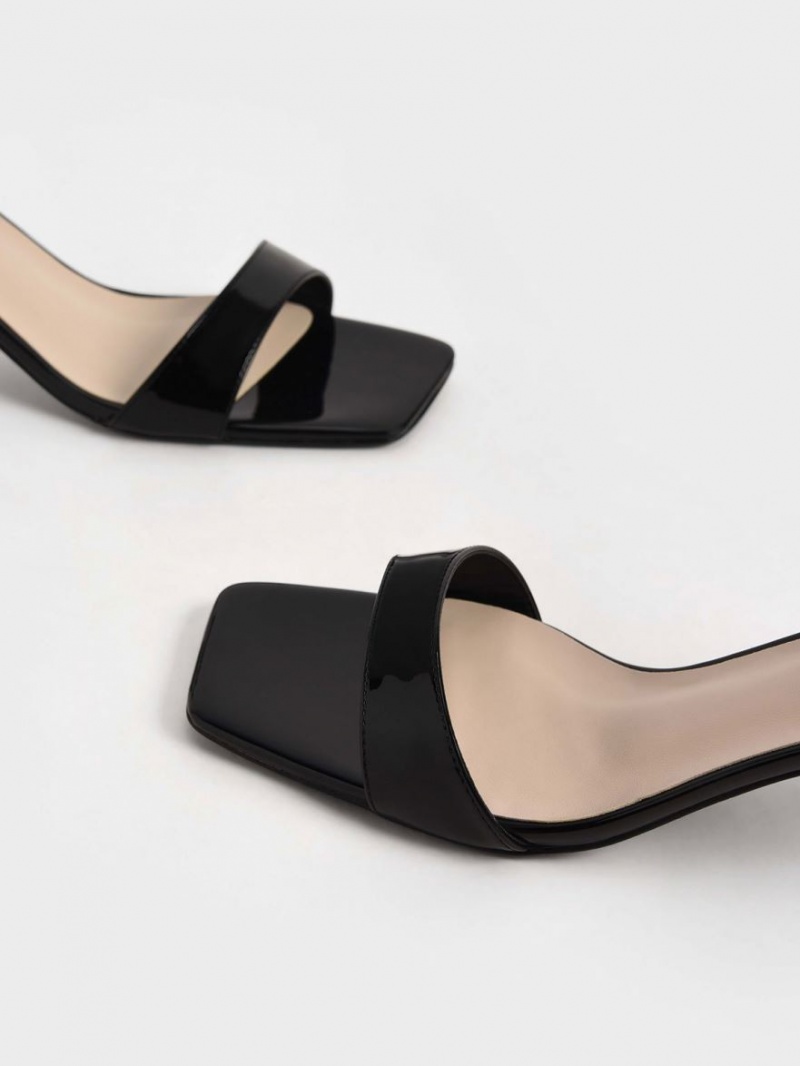 Charles & Keith Patent Ankle-Reima Cylindrical Sandaler med Hæl Svarte | UXGEC5176