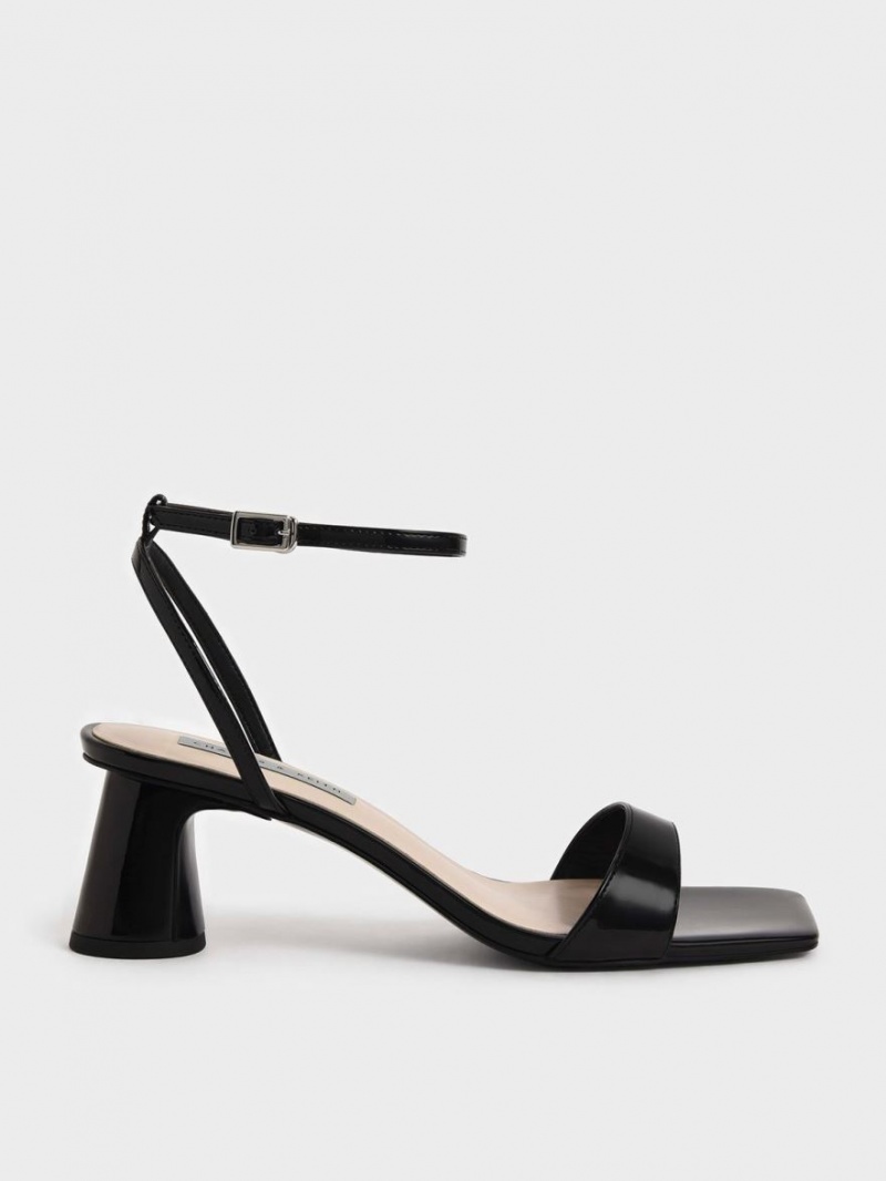 Charles & Keith Patent Ankle-Reima Cylindrical Sandaler med Hæl Svarte | UXGEC5176