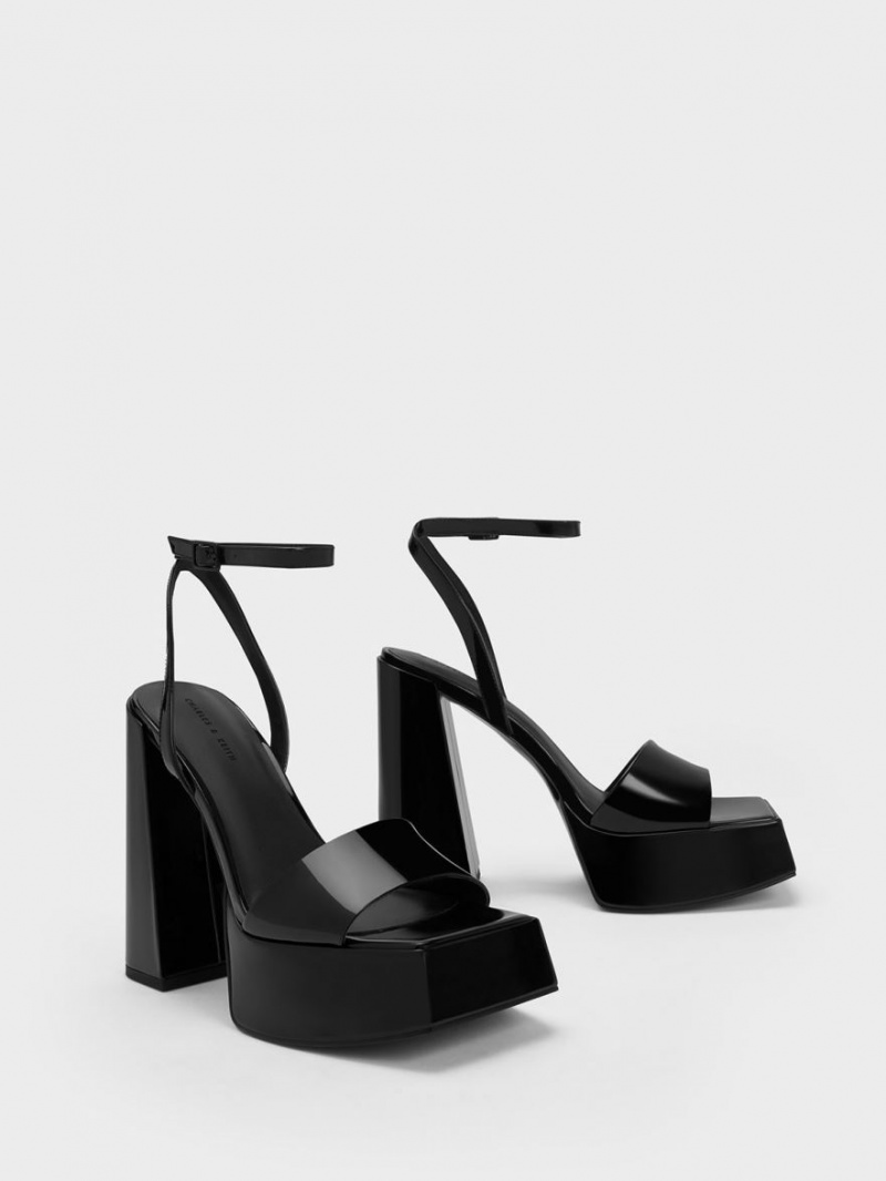 Charles & Keith Patent Ankle-Reima Platåsandaler Svarte | EKPQA1032