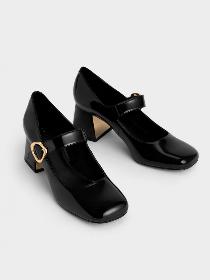 Charles & Keith Patent Buckled Mary Jane Pumps Svarte | ARETO3821