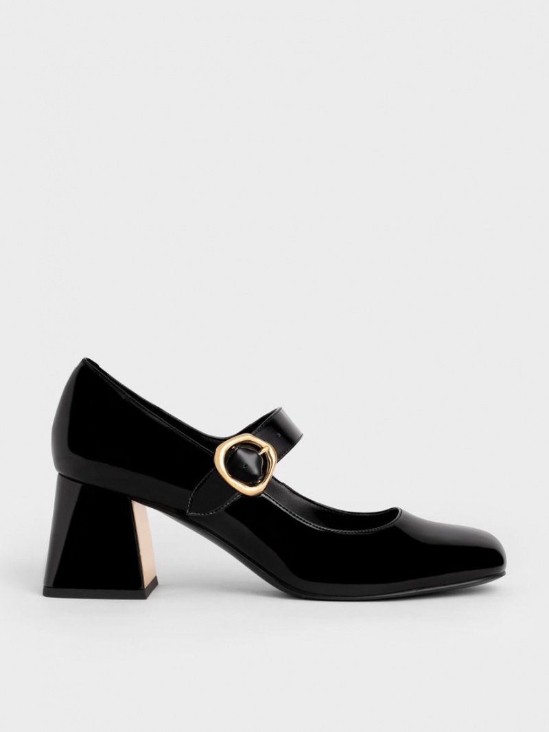 Charles & Keith Patent Buckled Mary Jane Pumps Svarte | ARETO3821