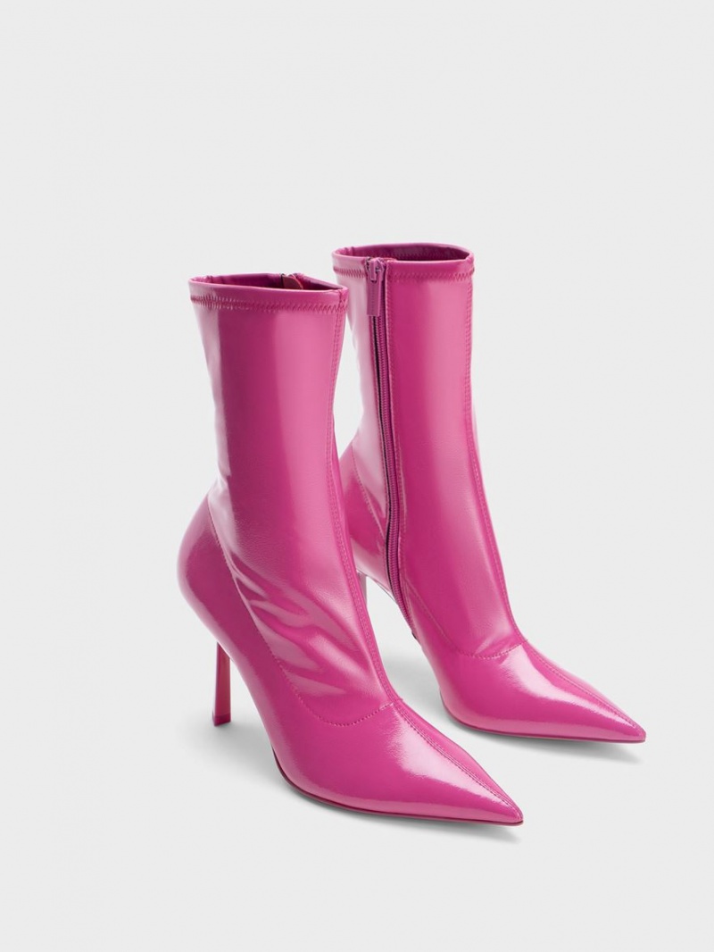 Charles & Keith Patent Crinkle-Effect Pointed-Tå Stiletto Heel Støvletter Fuchsia | IMWBT7431