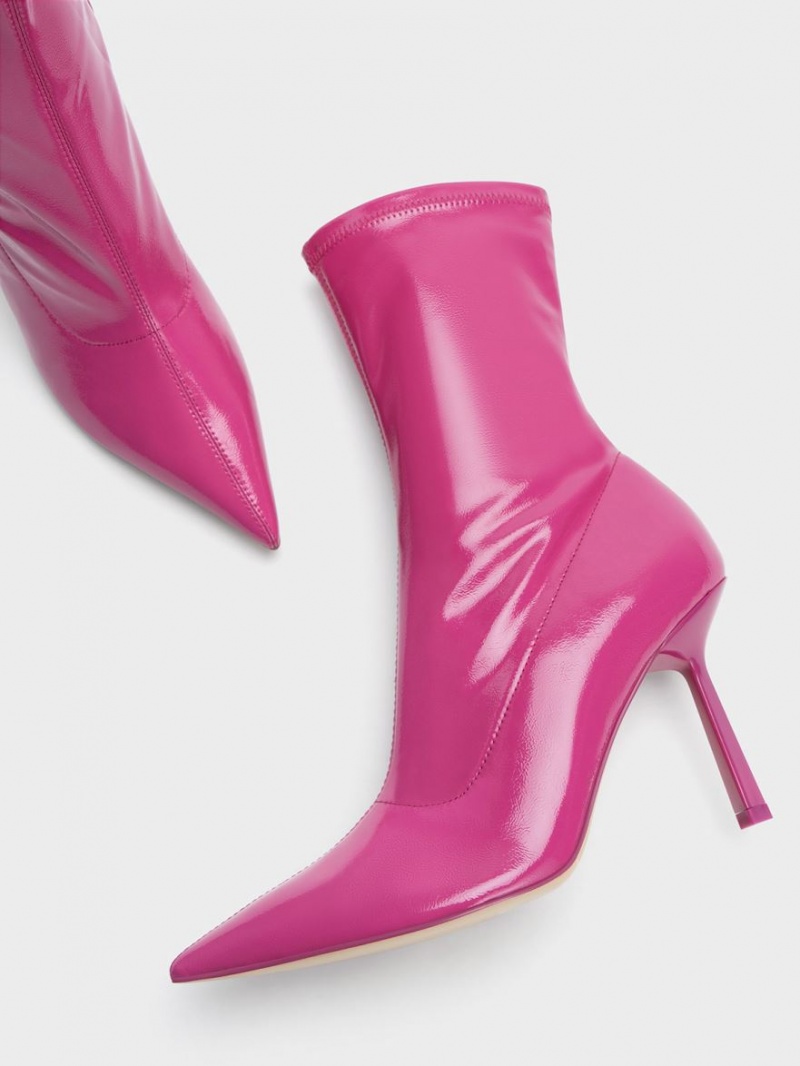 Charles & Keith Patent Crinkle-Effect Pointed-Tå Stiletto Heel Støvletter Fuchsia | IMWBT7431