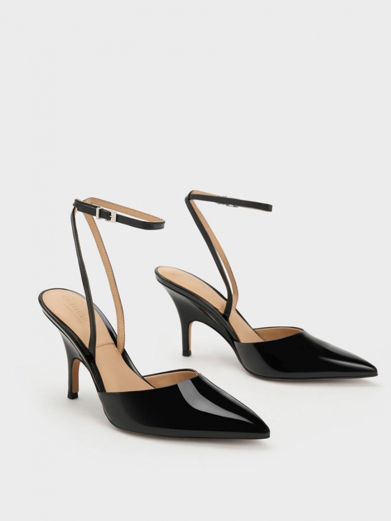 Charles & Keith Patent Lær Ankle Reima Pumps Svarte | FJHZK4291