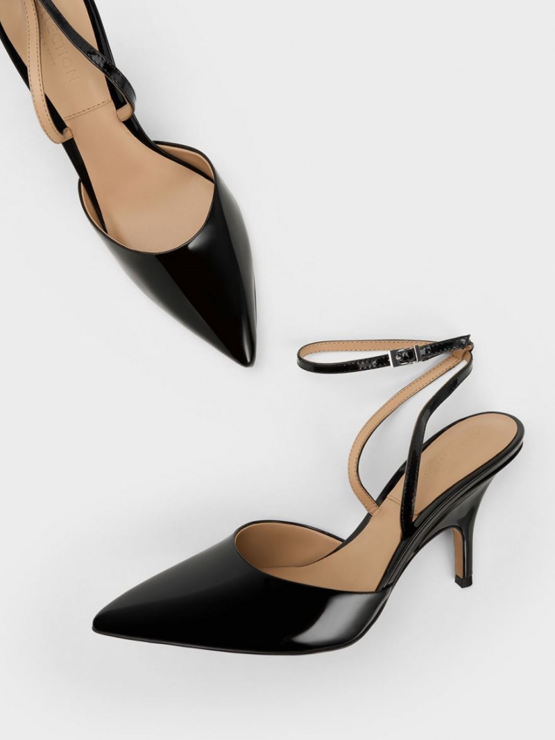 Charles & Keith Patent Lær Ankle Reima Pumps Svarte | FJHZK4291