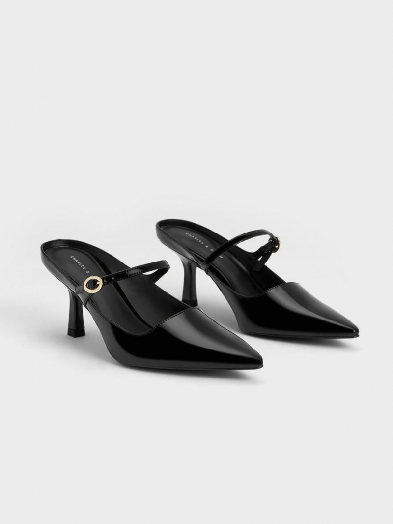 Charles & Keith Patent Mary Jane Hælene Mules Sko Svarte | BTIGV9835