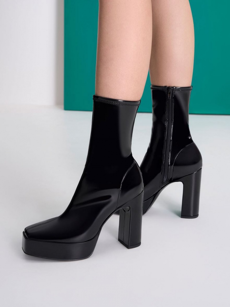 Charles & Keith Patent Platform Block Heel Støvletter Svarte | DTJYG0754