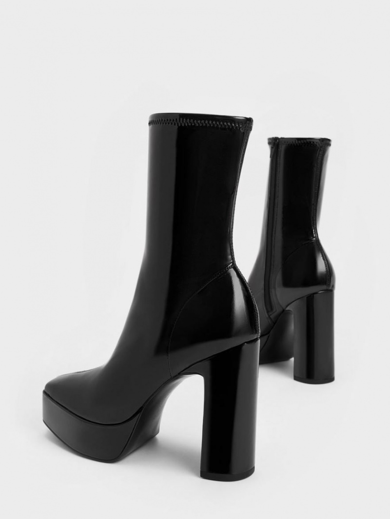 Charles & Keith Patent Platform Block Heel Støvletter Svarte | DTJYG0754