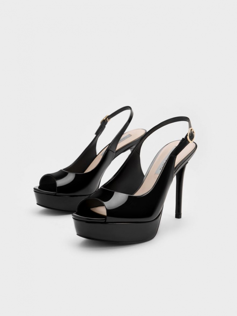 Charles & Keith Patent Platform Slingback Sandaler med Hæl Svarte | DBGCV0762