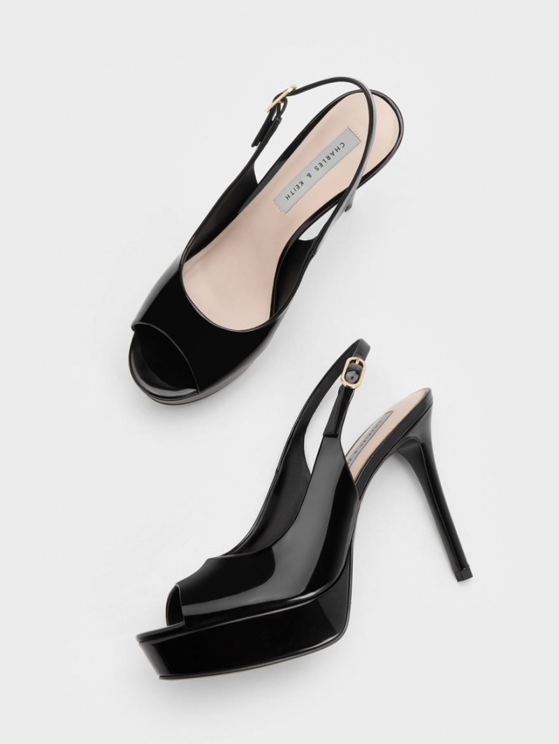 Charles & Keith Patent Platform Slingback Sandaler med Hæl Svarte | DBGCV0762