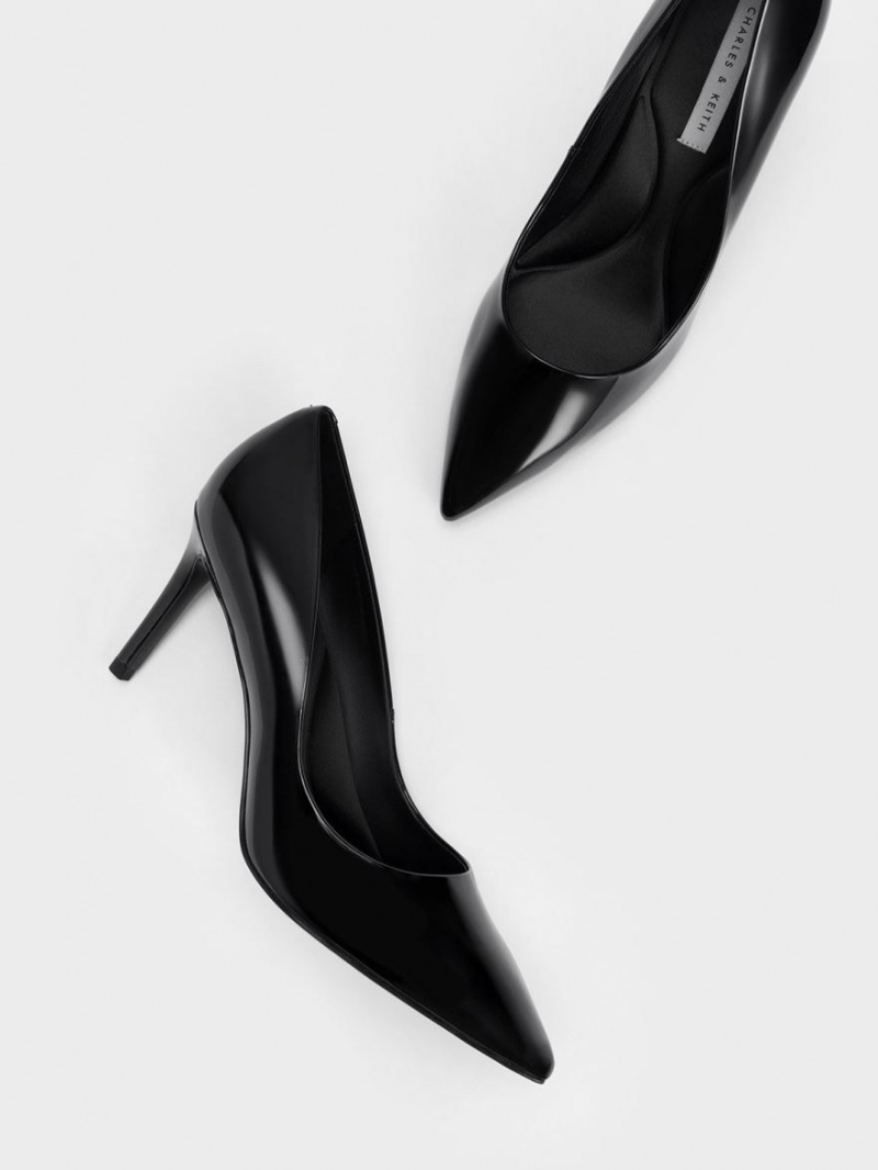 Charles & Keith Patent Pointed Tå Stiletto Pumps Svarte | IKLQS2965