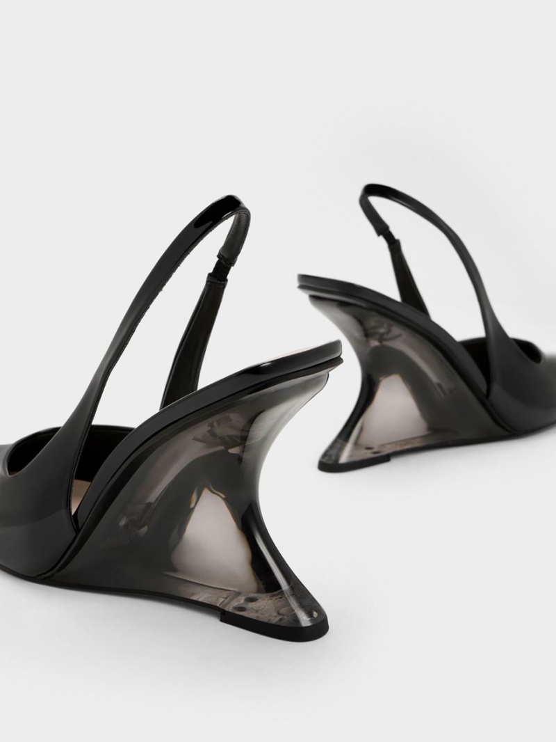 Charles & Keith Patent Sculptural Slingback Wedge Svarte | UROMS9850