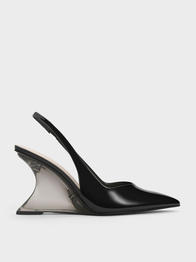 Charles & Keith Patent Sculptural Slingback Wedge Svarte | UROMS9850