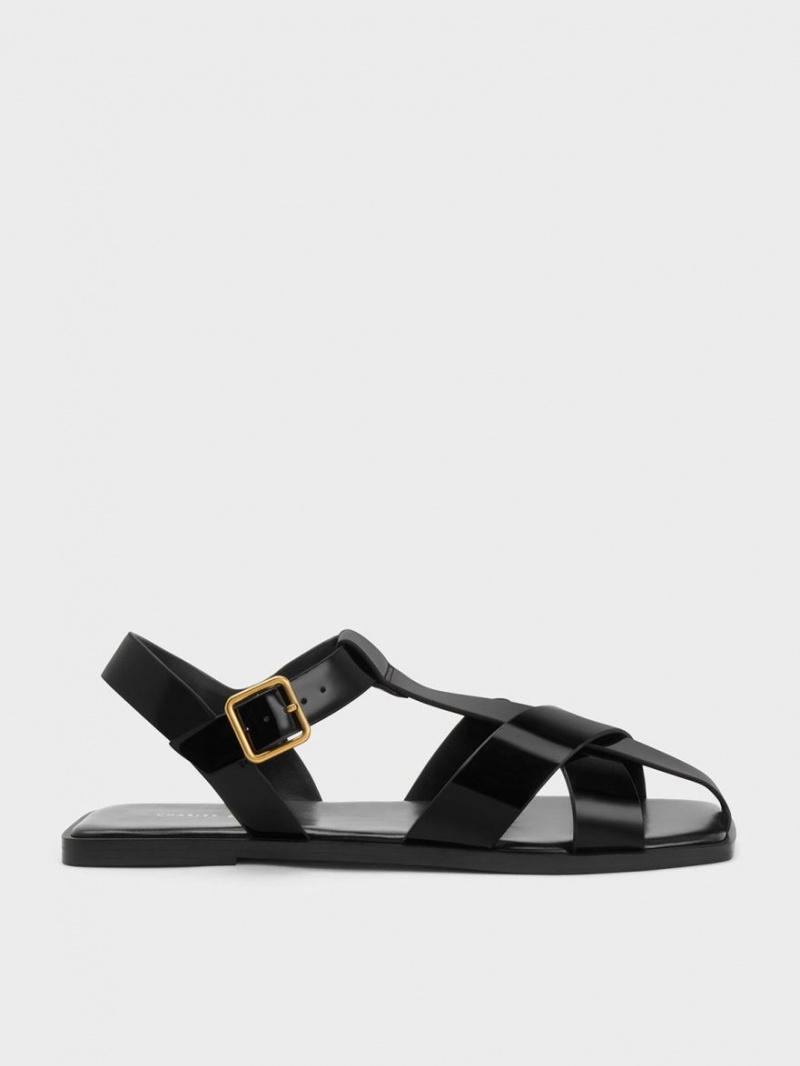 Charles & Keith Patent Strappy Crossover Flate Sandaler Svarte | RJATC6724