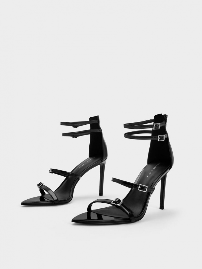 Charles & Keith Patent Strappy Sandaler med Hæl Svarte | GKUSQ5829