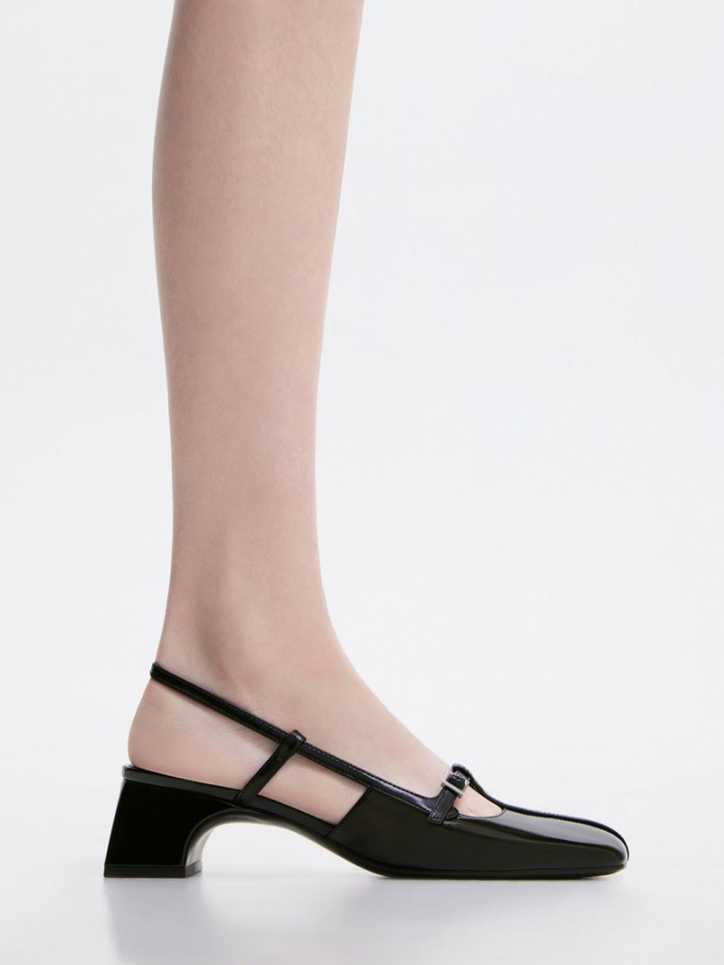 Charles & Keith Patent T-Bar Slingback Pumps Svarte | HGXCQ4253