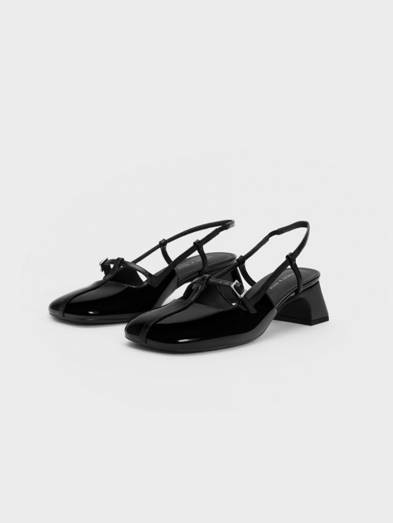 Charles & Keith Patent T-Bar Slingback Pumps Svarte | HGXCQ4253