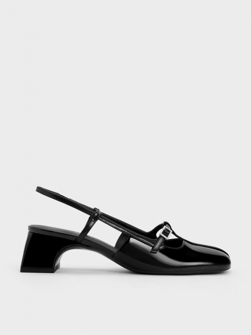 Charles & Keith Patent T-Bar Slingback Pumps Svarte | HGXCQ4253