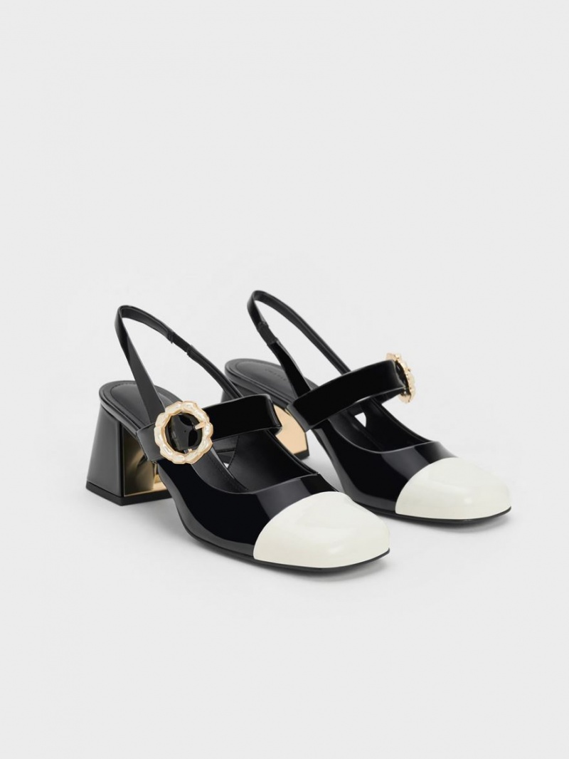 Charles & Keith Patent Two-Tone Pearl Spenne Slingback Pumps Svarte | WGFEY2371