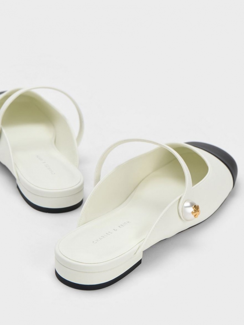 Charles & Keith Pearl Embellished Flate Mules Sko Hvite | VPDEG3791