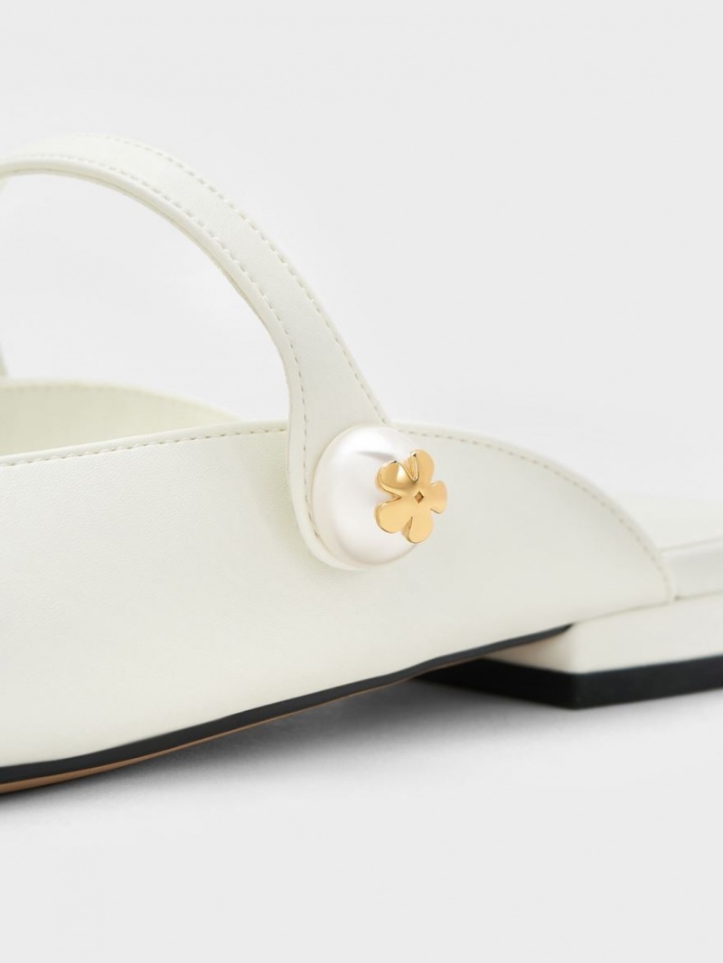 Charles & Keith Pearl Embellished Flate Mules Sko Hvite | VPDEG3791