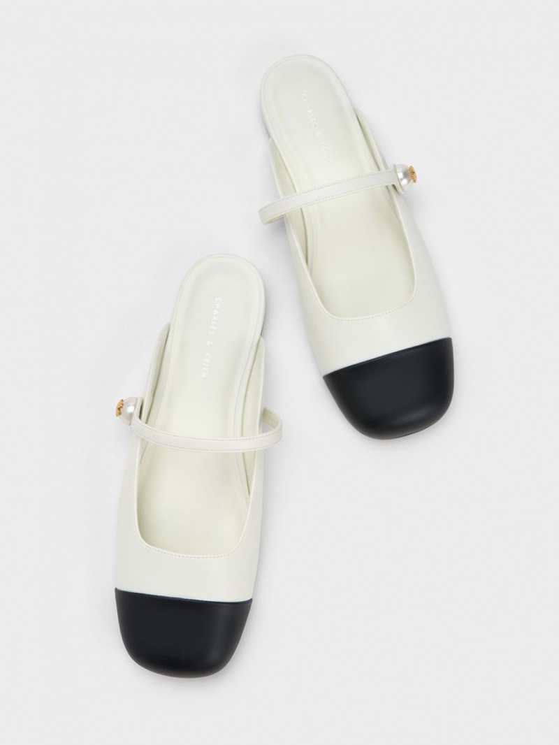 Charles & Keith Pearl Embellished Flate Mules Sko Hvite | VPDEG3791