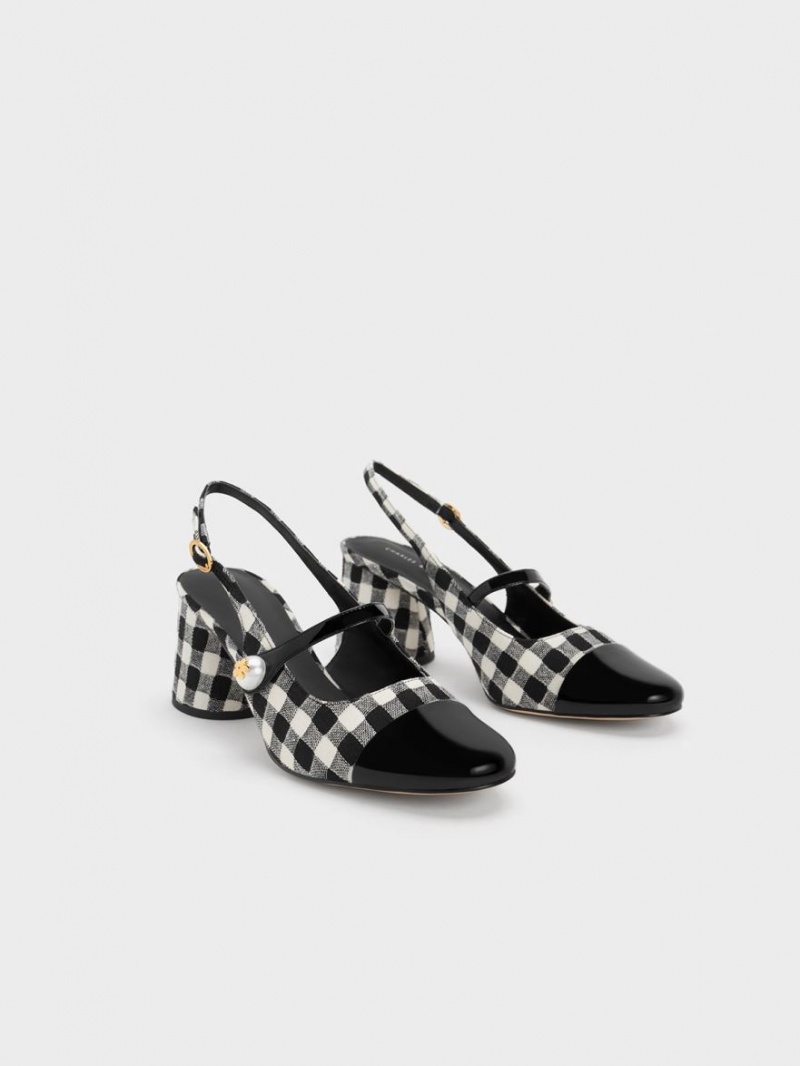 Charles & Keith Pearl Embellished Gingham Slingback Pumps Multicolor | JHTOX0763