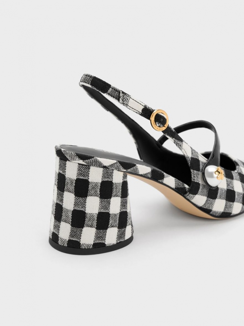 Charles & Keith Pearl Embellished Gingham Slingback Pumps Multicolor | JHTOX0763