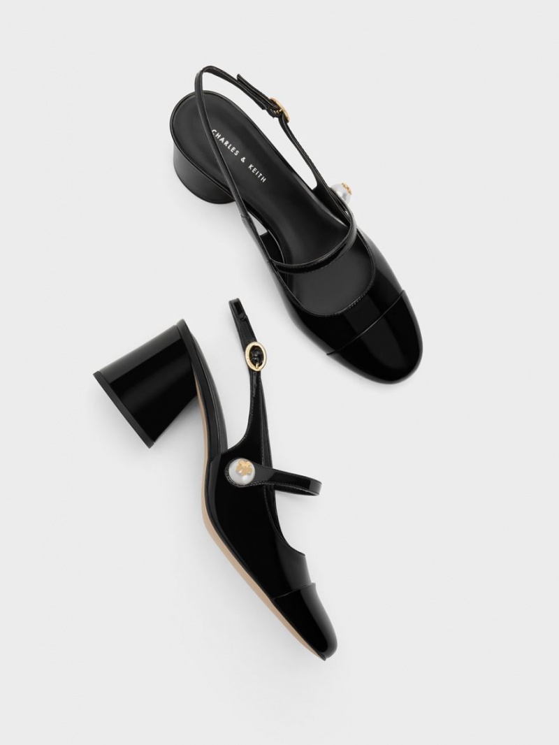 Charles & Keith Pearl Embellished Patent Slingback Pumps Svarte | EHJFO9217