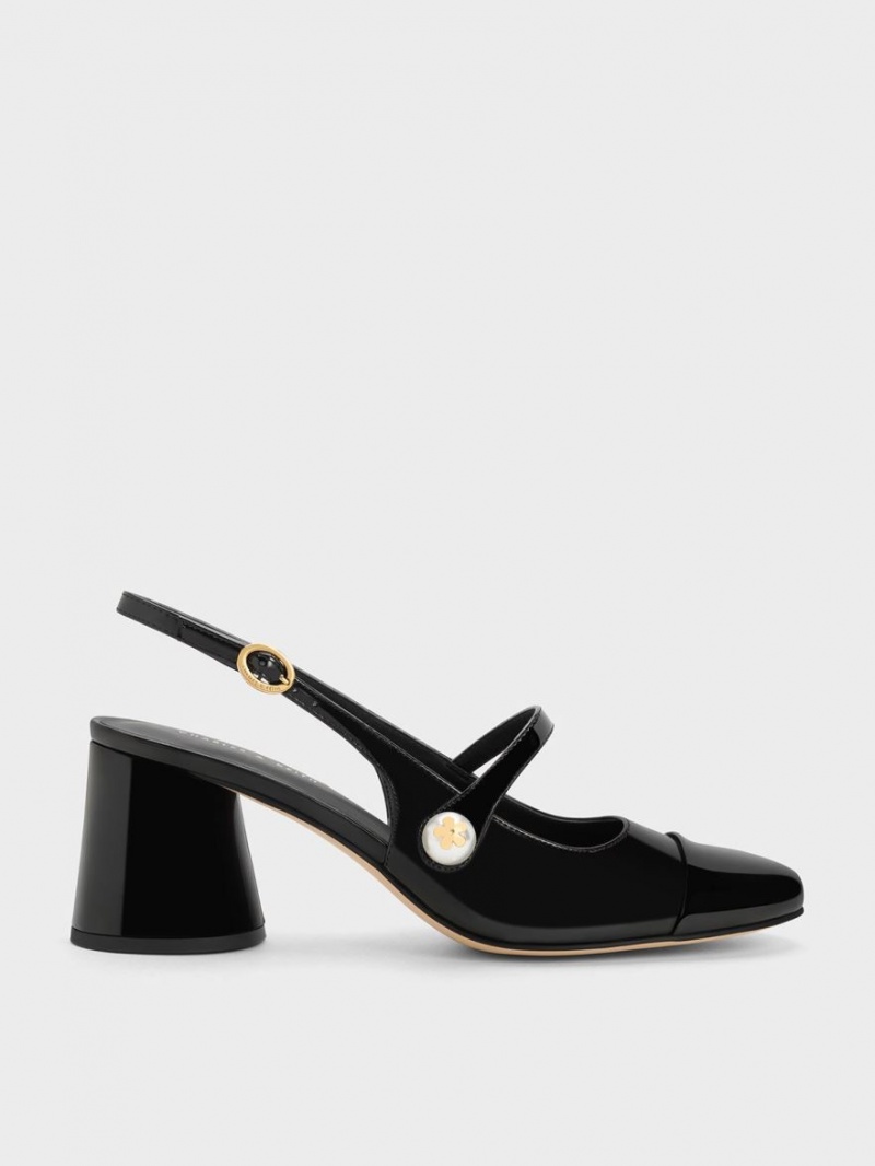 Charles & Keith Pearl Embellished Patent Slingback Pumps Svarte | EHJFO9217