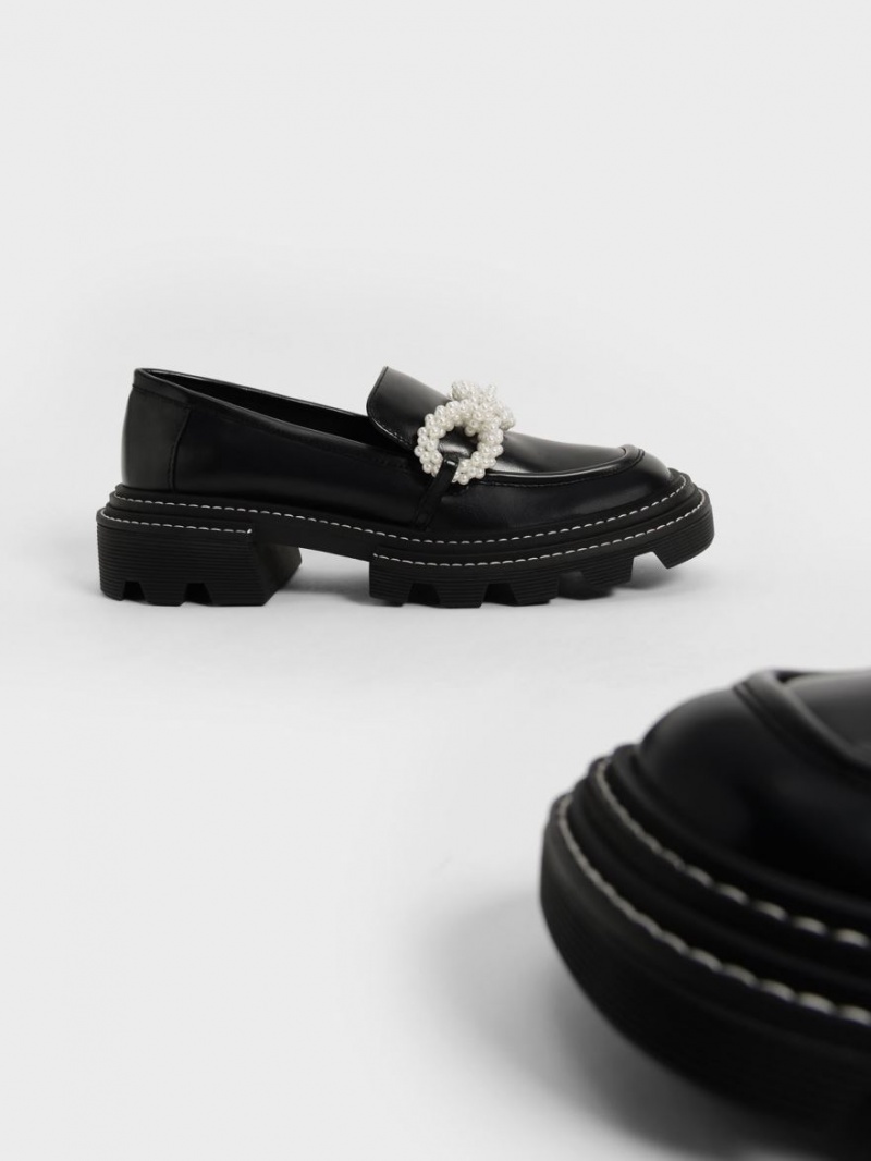 Charles & Keith Perline Beaded Platform Loafers Svarte | RFVXB4916