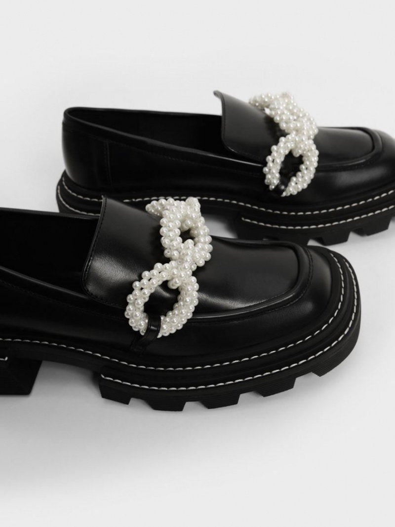 Charles & Keith Perline Beaded Platform Loafers Svarte | RFVXB4916