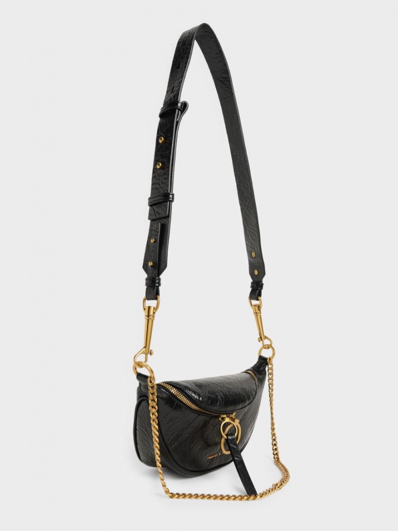 Charles & Keith Philomena Wrinkled-Effect Half-Moon Crossbody Veske Svarte | VNPZS3694