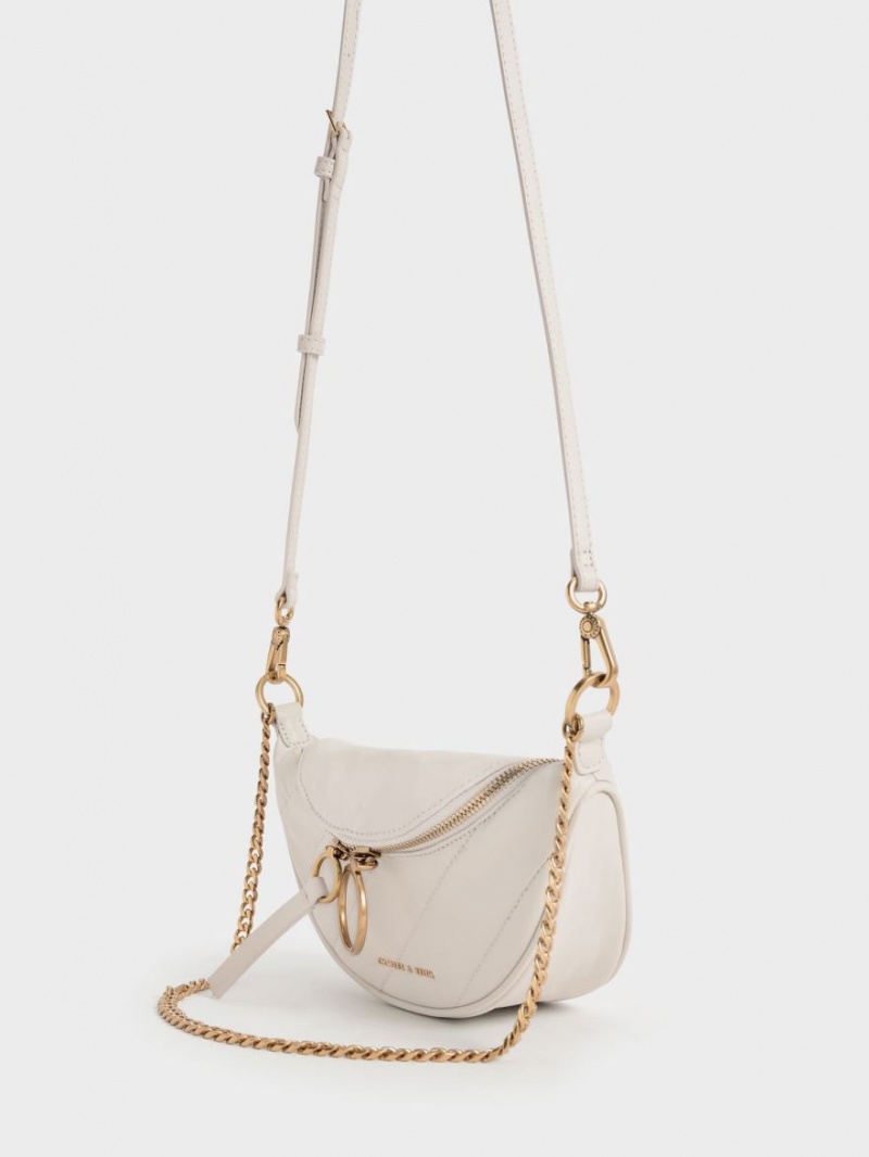 Charles & Keith Philomena Wrinkled-Effect Half-Moon Crossbody Veske Hvite | VMJLG1690