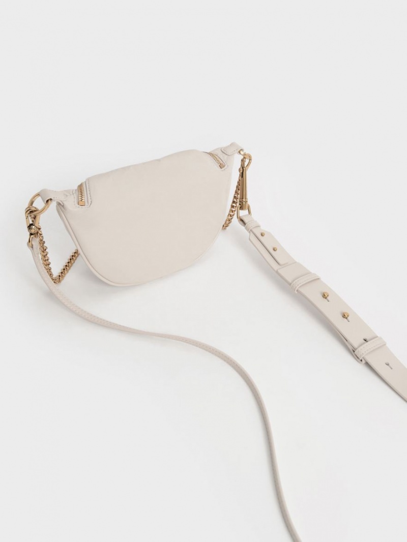 Charles & Keith Philomena Wrinkled-Effect Half-Moon Crossbody Veske Hvite | VMJLG1690