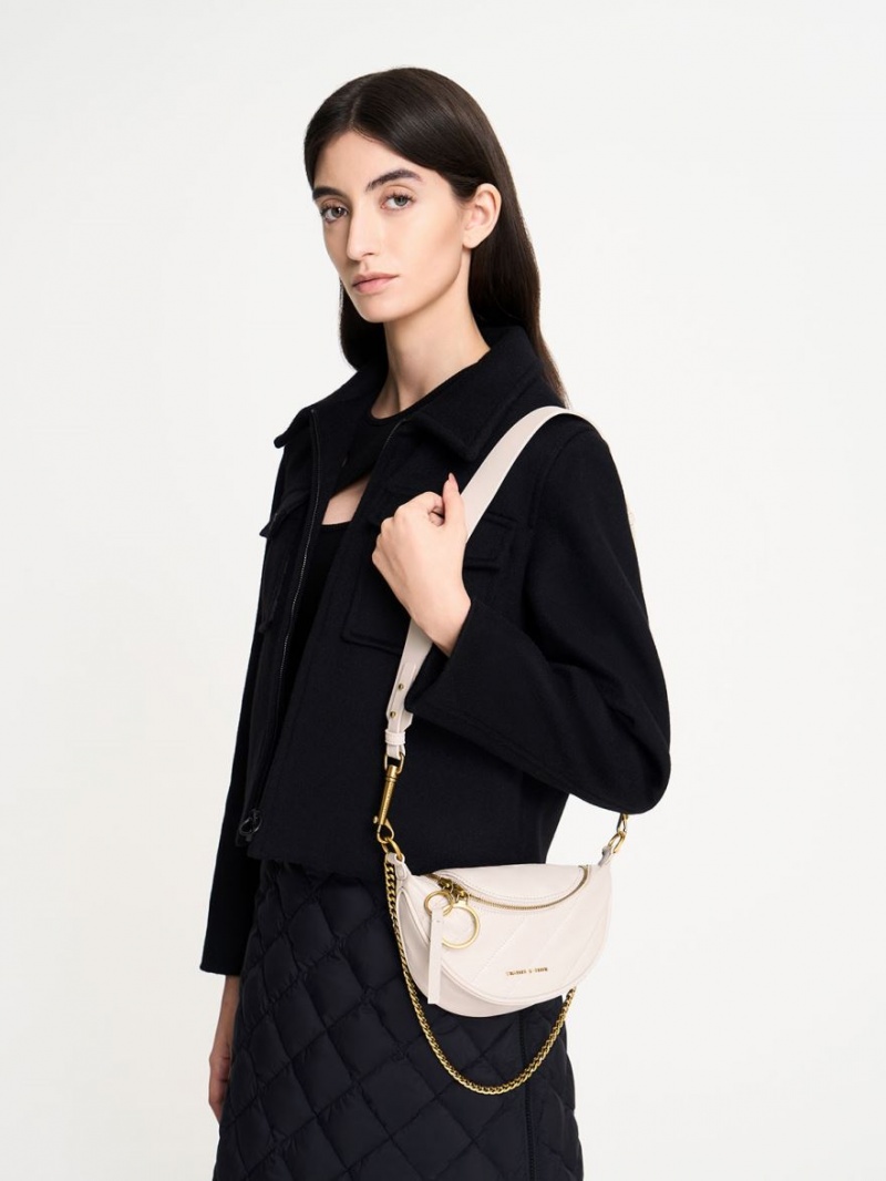 Charles & Keith Philomena Wrinkled-Effect Half-Moon Crossbody Veske Hvite | VMJLG1690