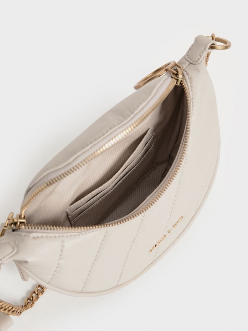 Charles & Keith Philomena Wrinkled-Effect Half-Moon Crossbody Veske Hvite | VMJLG1690